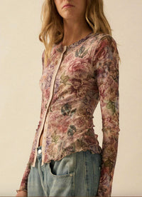 Promesa - Floral-Print Mesh Snap-Front Long Sleeve Top