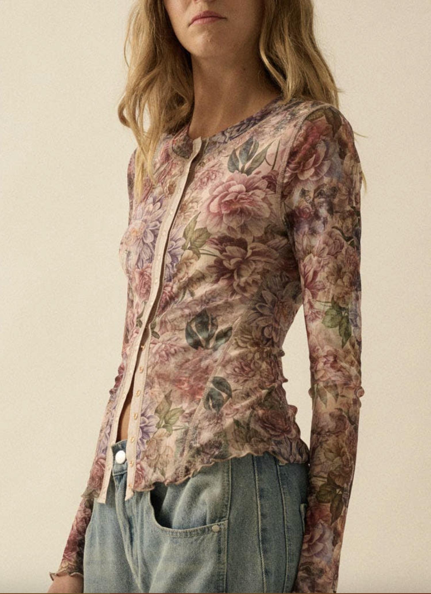 Promesa - Floral-Print Mesh Snap-Front Long Sleeve Top