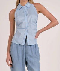 Elan - Halter Neck Sleeveless Collared Button Down Top