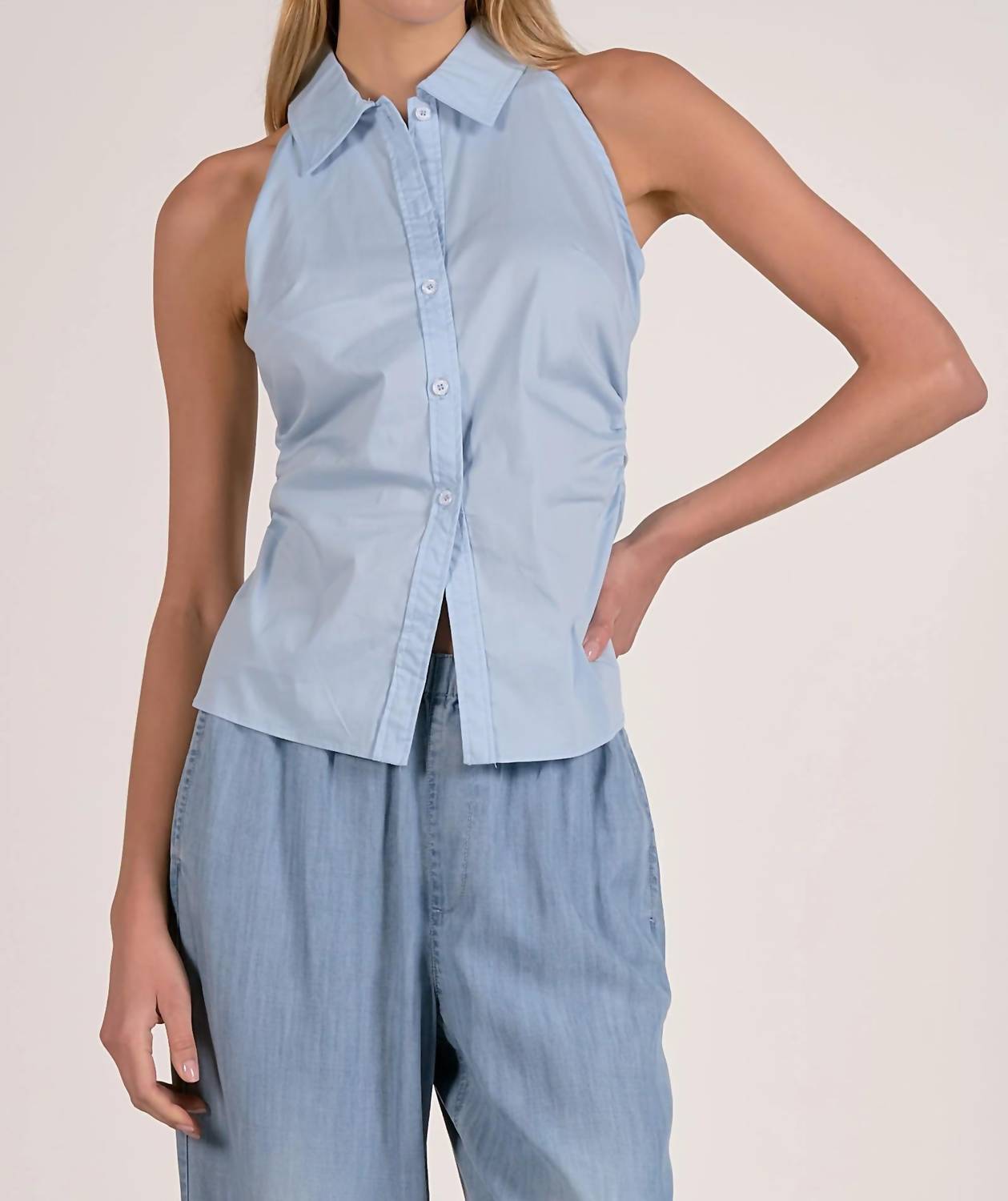 Elan - Halter Neck Sleeveless Collared Button Down Top