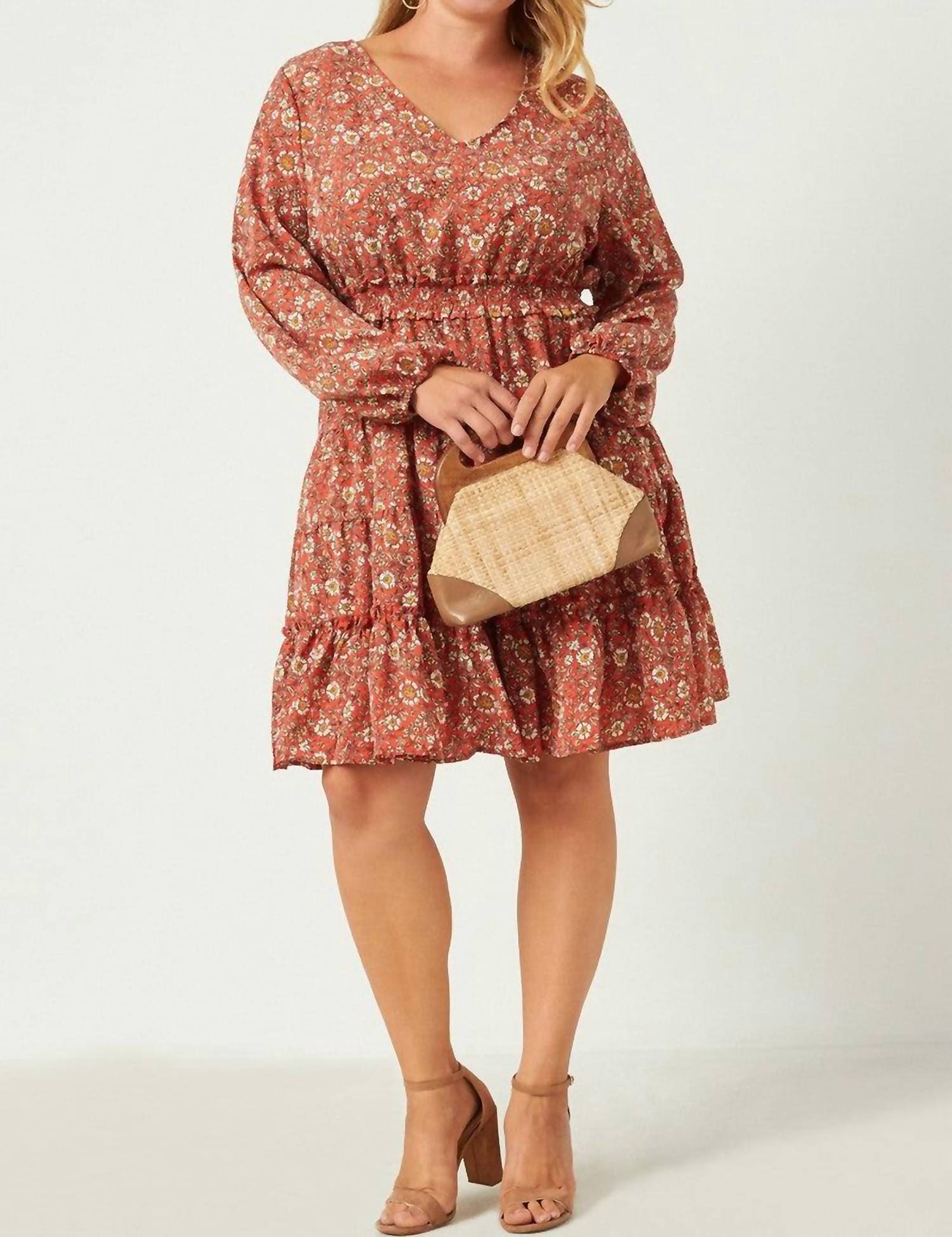 Hayden La - Smocked Waist Ruffle Tiered V-neck Dress