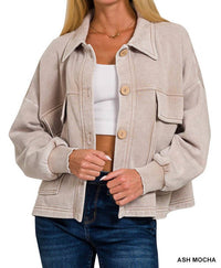 Zenana - Acid Wash Fleece Cropped Shacket With Front Pockets