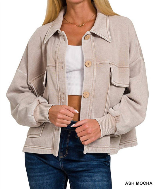 Zenana - Acid Wash Fleece Cropped Shacket With Front Pockets