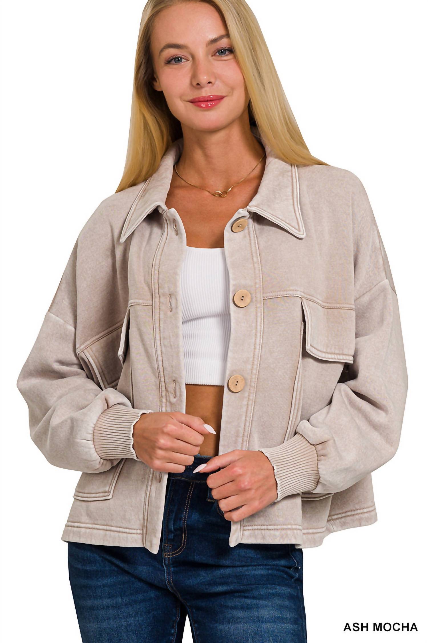 Zenana - Acid Wash Fleece Cropped Shacket With Front Pockets