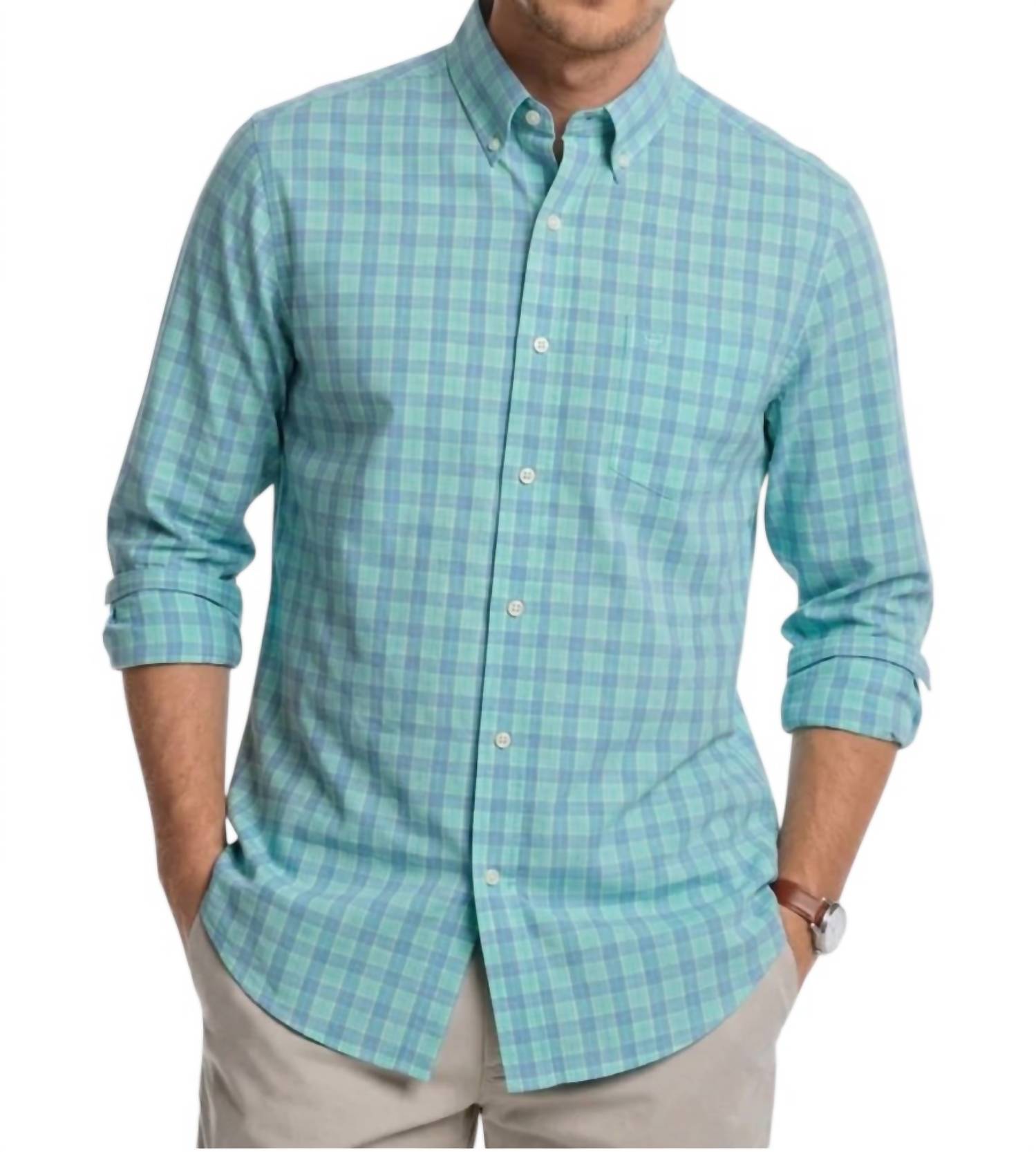 SOUTHERN TIDE Intercoastal Cast Plaid Performance Sportshirt in heather wasabi - men's shirt