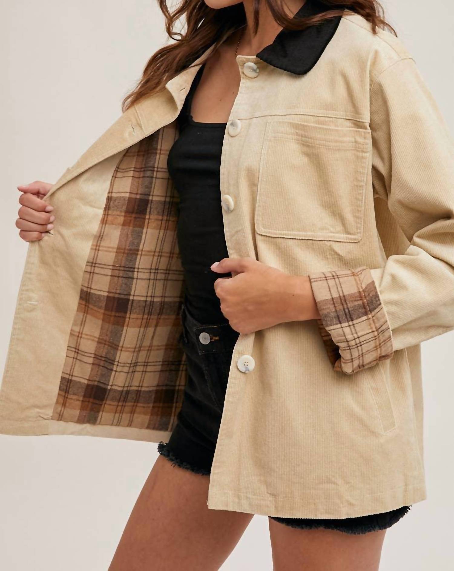 Bluivy - Inner Plaid Corduroy Button Down Barn Coat
