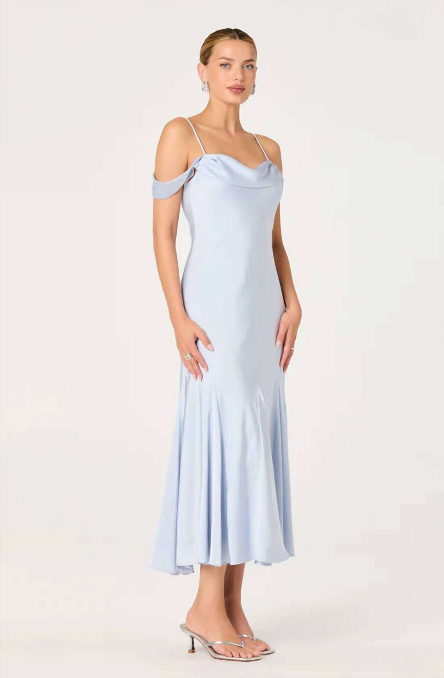 Astr - Araxie Satin Off-shoulder Godet Midi Dress