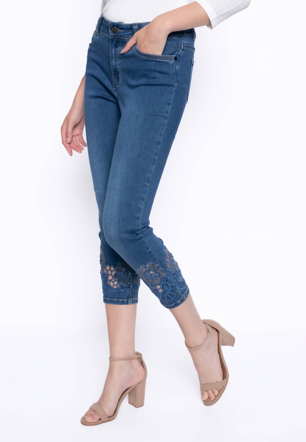 Picadilly - Rhinestone Cutout Embroidery Deep Denim Jeans