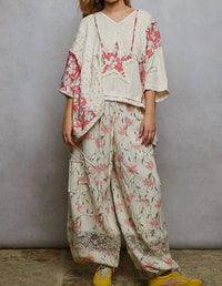 Pol - Relaxed Star Patch Floral Top With Hoodie
