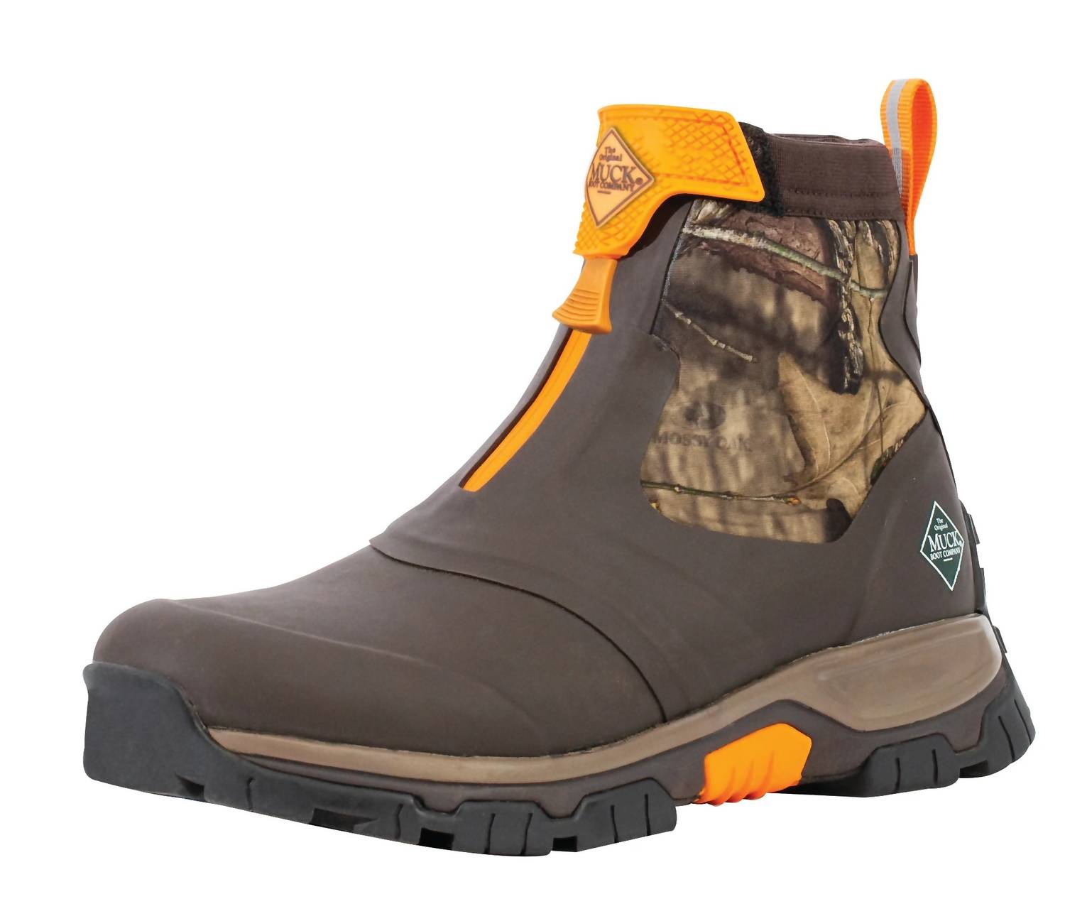 MUCK Men's Apex Mid Zip Boot in brown mossy oak - men's boots - detail view