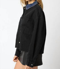 OLIVACEOUS Ricki Contrast Jacket in black denim - women's jacket - detail view