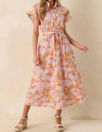 Strut & Bolt - Floral Print Block Shirt Midi Dress