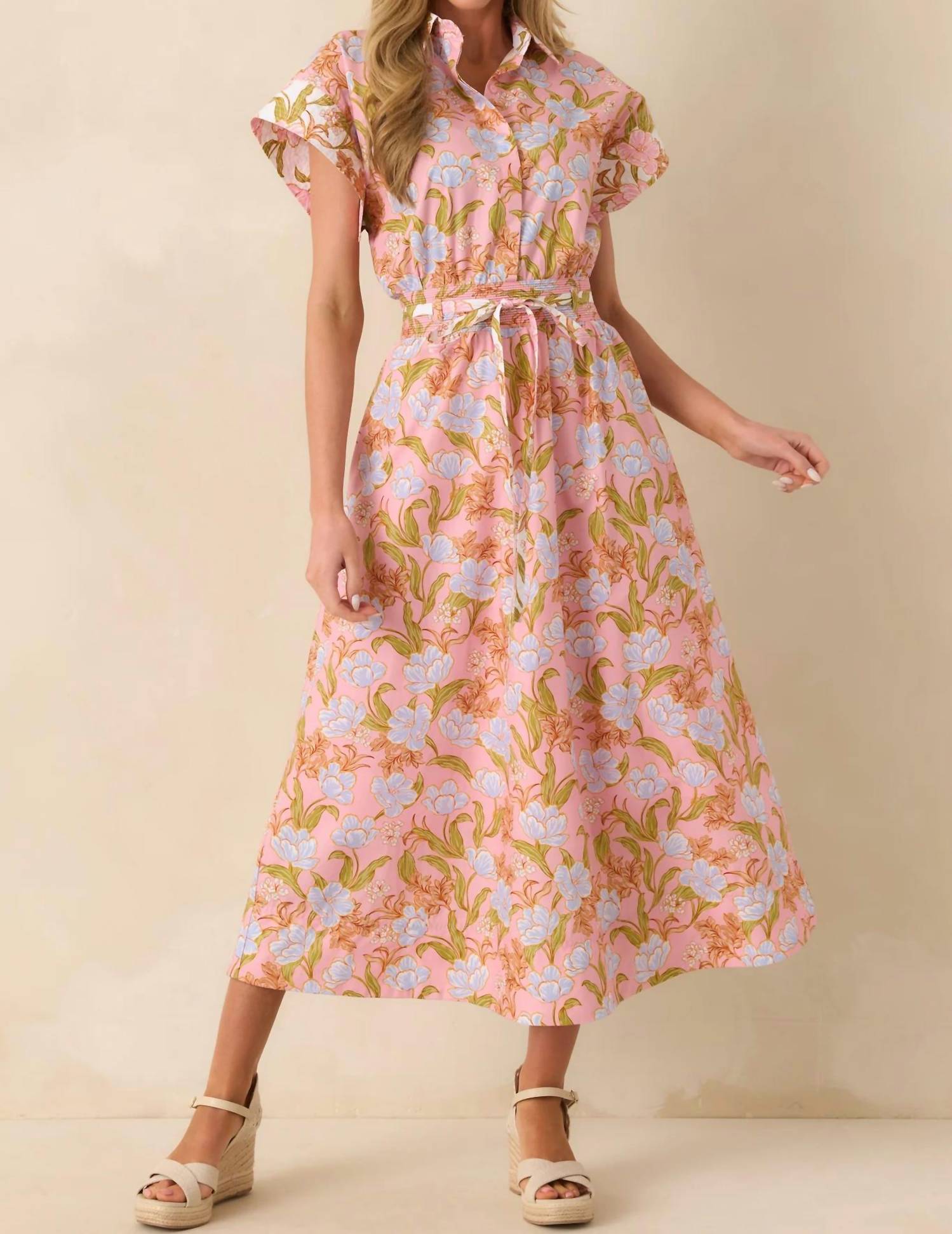Strut & Bolt - Floral Print Block Shirt Midi Dress