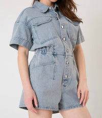 FANTASTIC FAWN Licensed Rolling Stones Denim Romper in light blue - women's pants