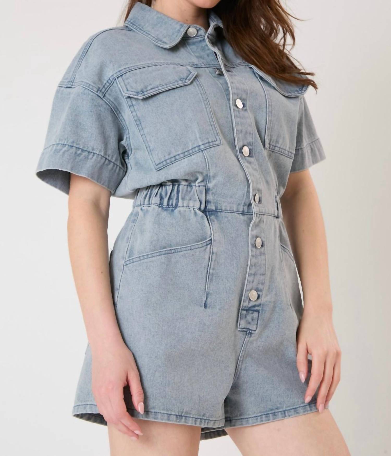 FANTASTIC FAWN Licensed Rolling Stones Denim Romper in light blue - women's pants