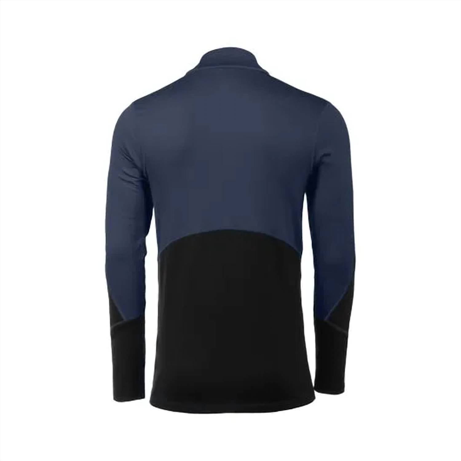 MIZUNO Men's Breath Thermo Half Zip Top in indigo black - men's long sleeve top - detail view