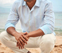 TOMMY BAHAMA Men's Barbados Breeze Sea Stripe Shirt in glass bead blue - men's shirt - detail view