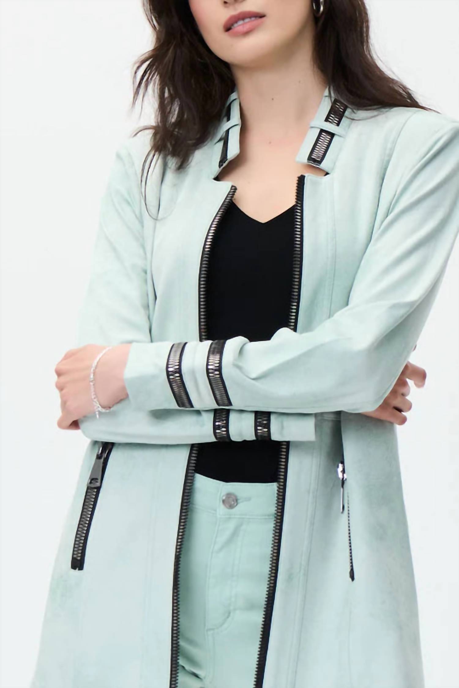 Joseph Ribkoff Faux Suede Jacket in mint - women's jacket - detail view