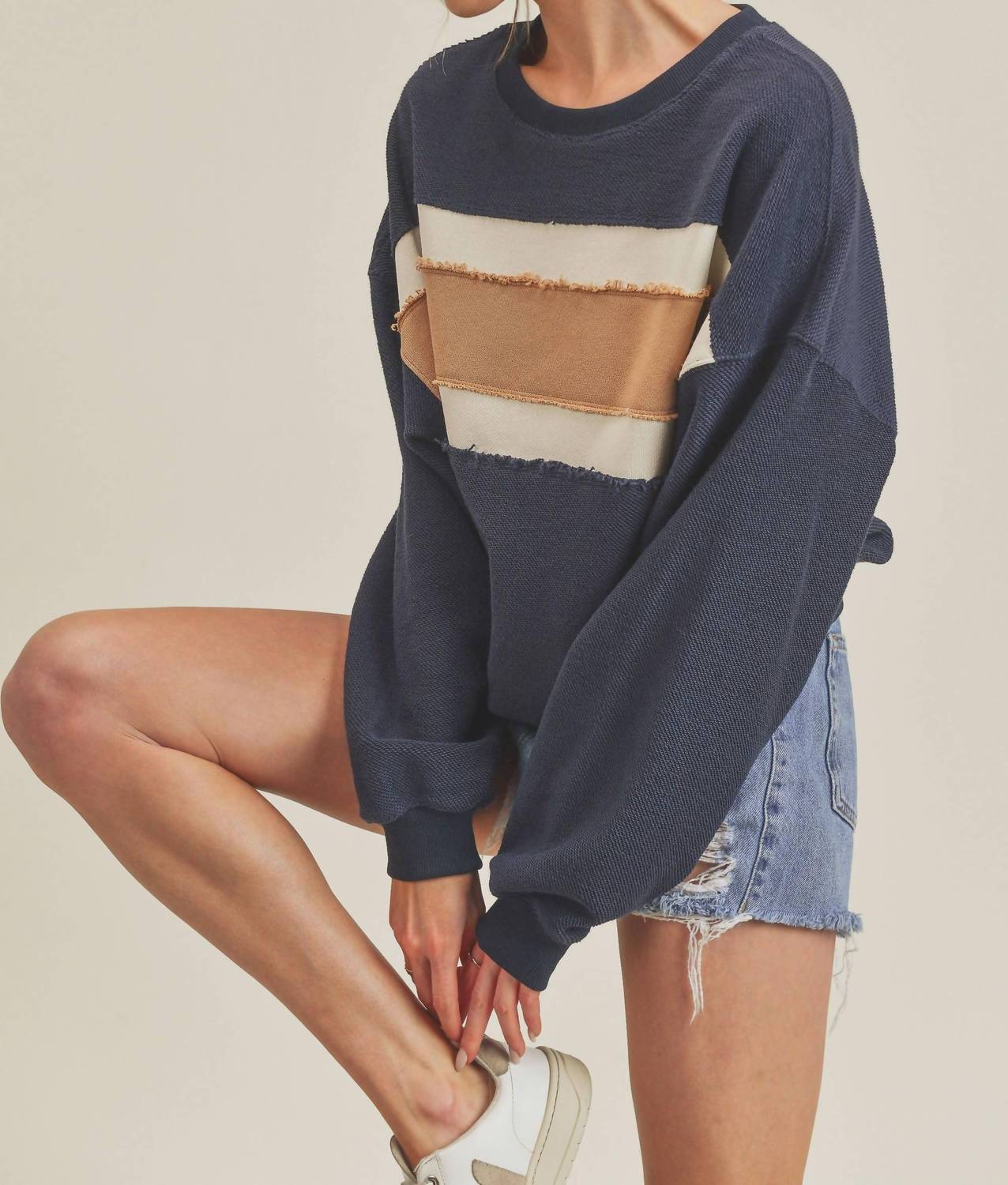 AEMI + CO Winnie Crew Sweatshirt in navy ivory tan - women's top - view 4