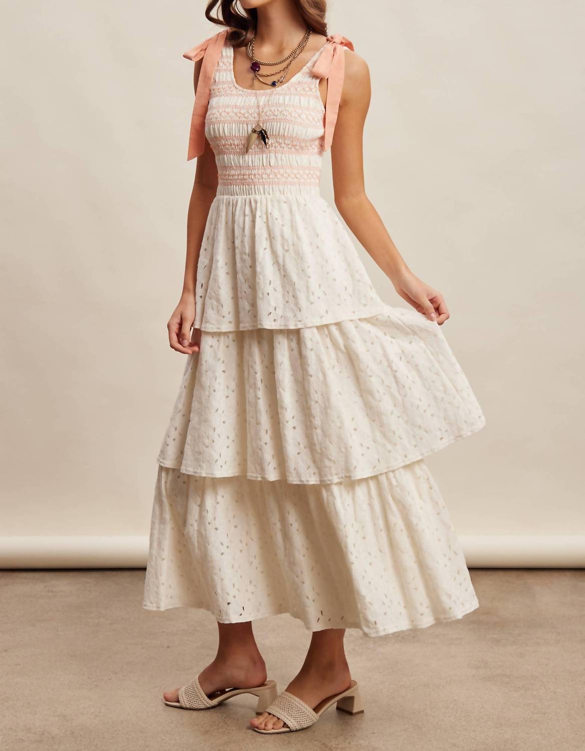 Listicle - Smocked Tie Shoulder Lace Maxi Dress