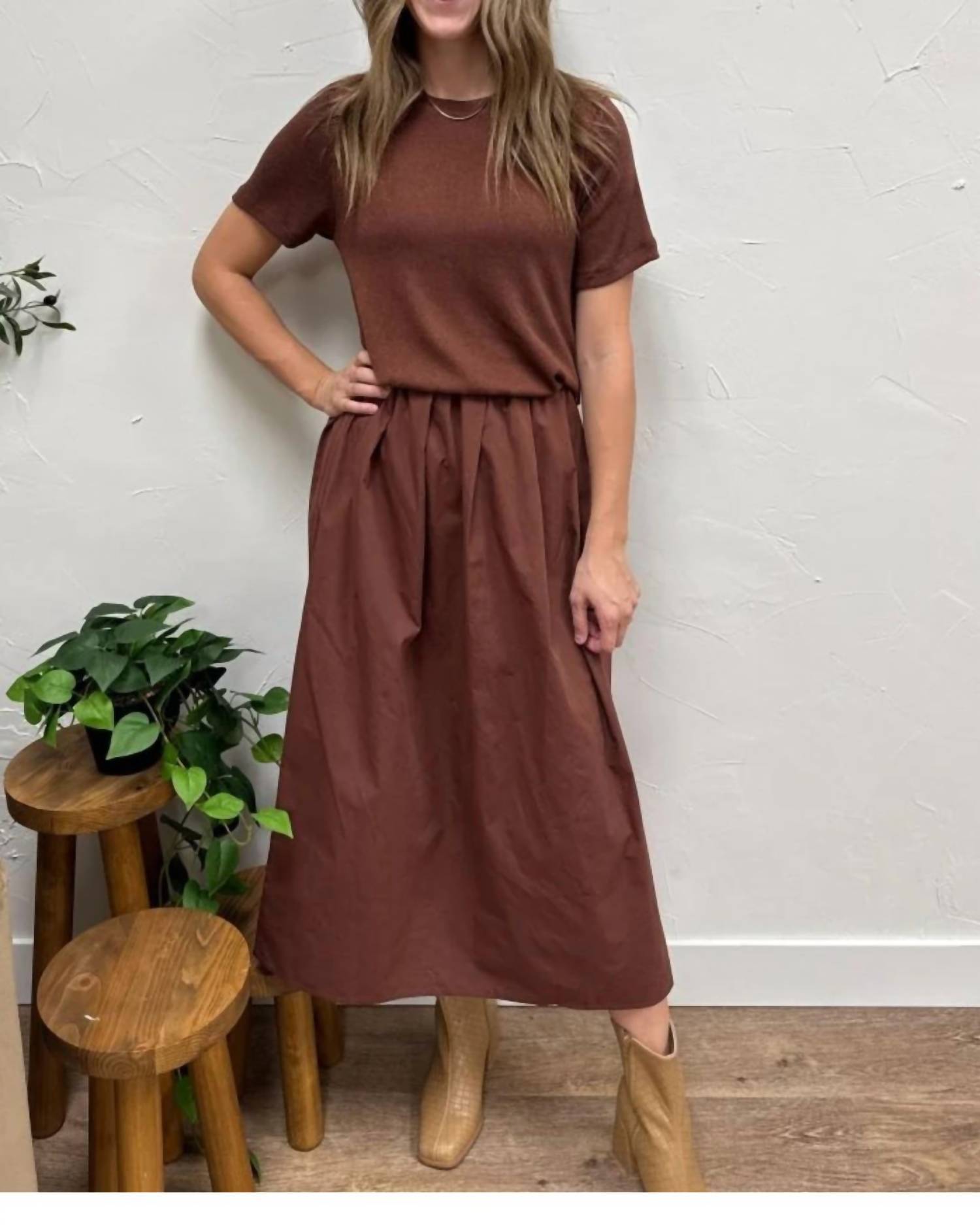 WISHLIST Mixed Media Sweater Midi Dress in burlwood wine - women's dress