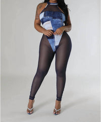 Maypink - Everything & More Mesh Stretchy Sleeveless Color Block Denim Print Jumpsuit
