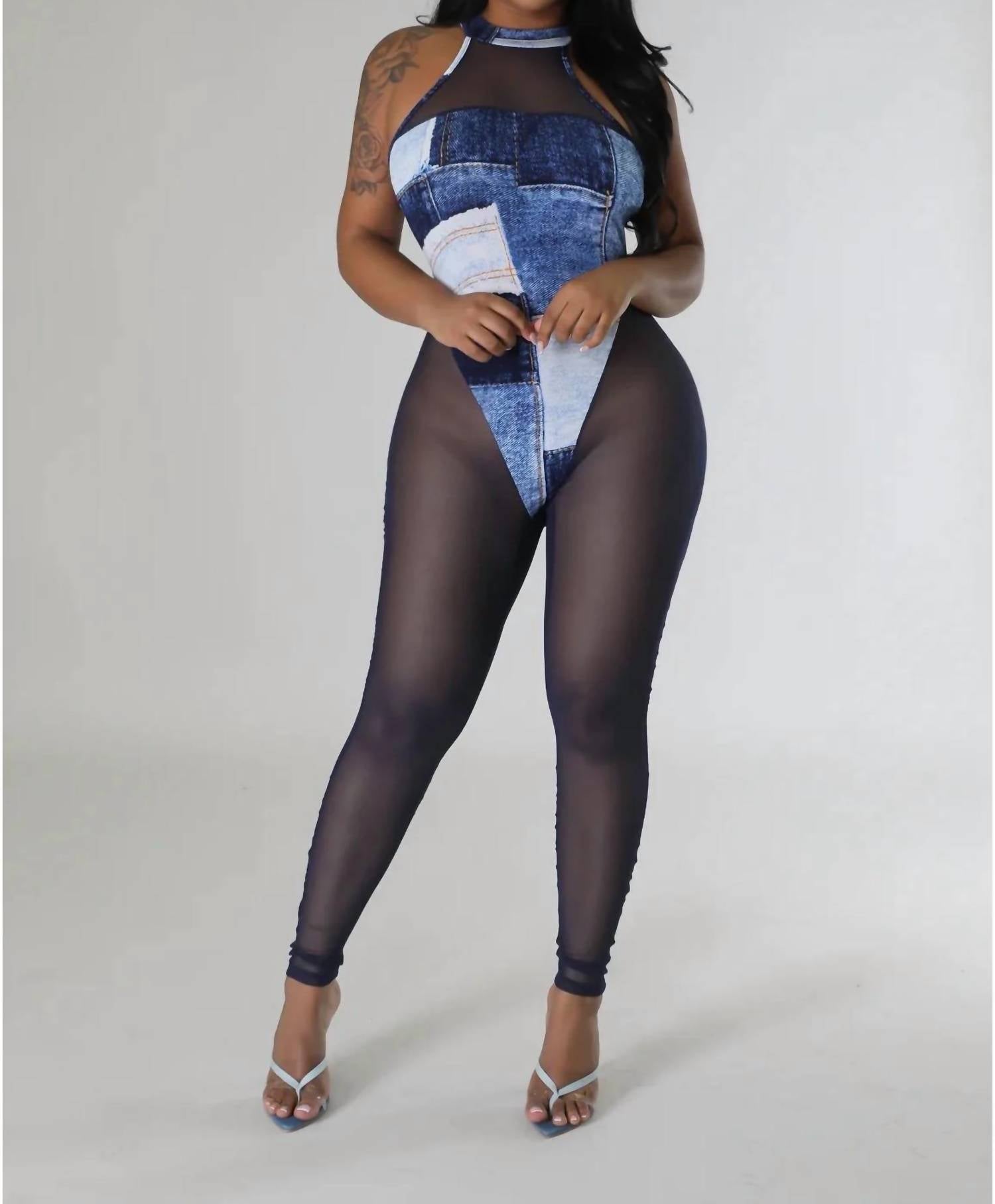 Maypink - Everything & More Mesh Stretchy Sleeveless Color Block Denim Print Jumpsuit