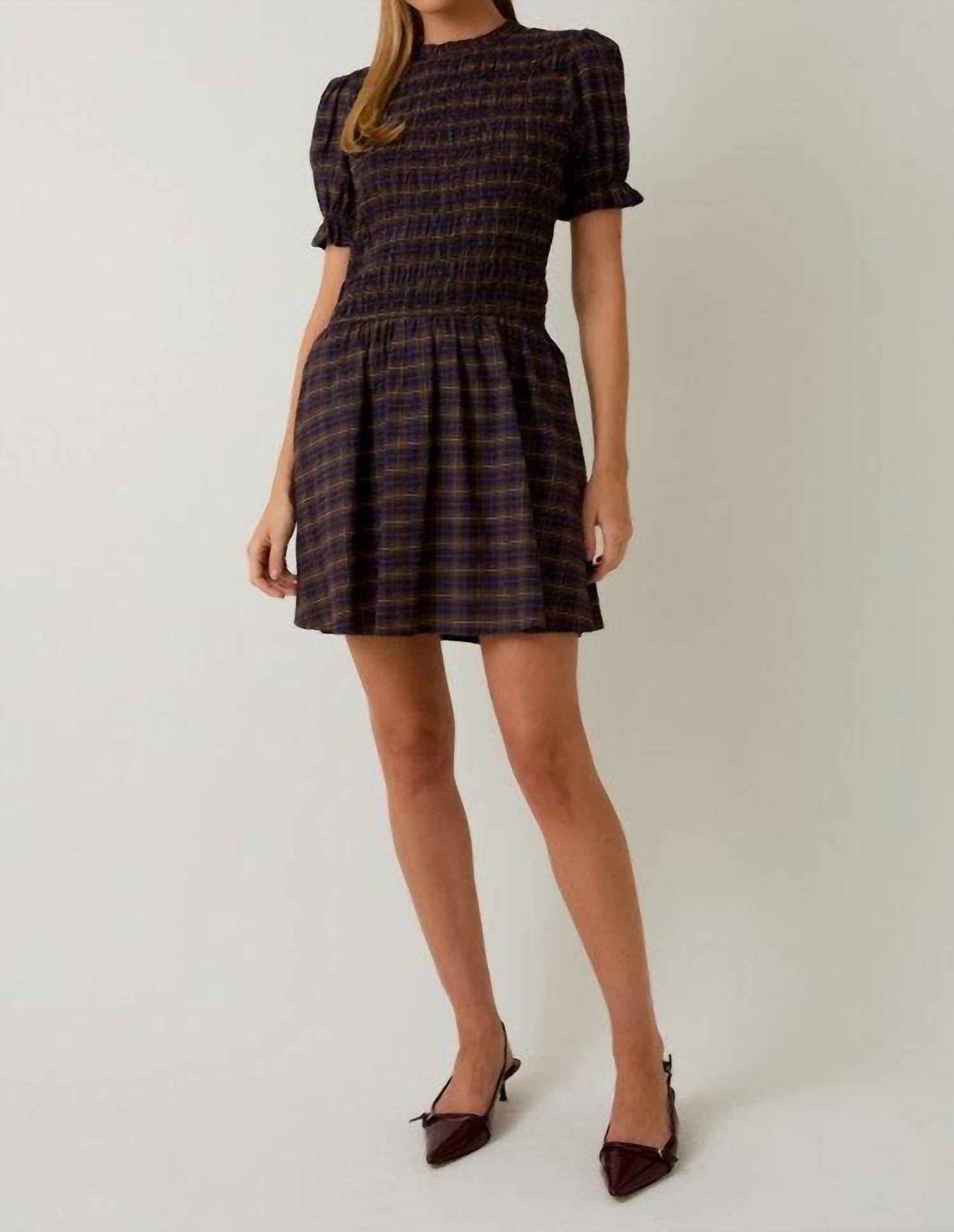 Sunday Edition Mock Neck Smocked Mini Dress in navy multi - women's dress