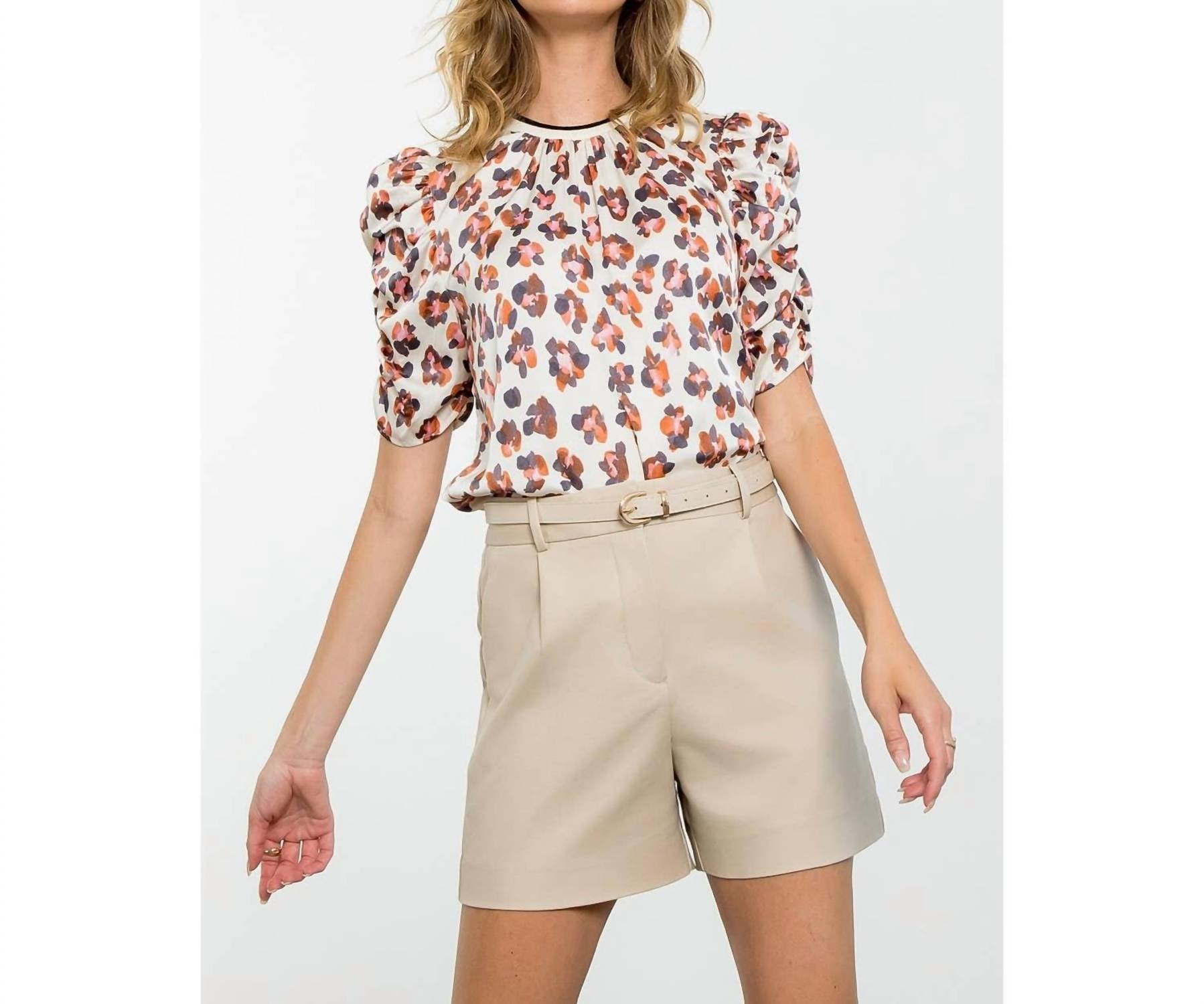 THML Ruched Sleeve Print Top in cream - women's shirt - view 4