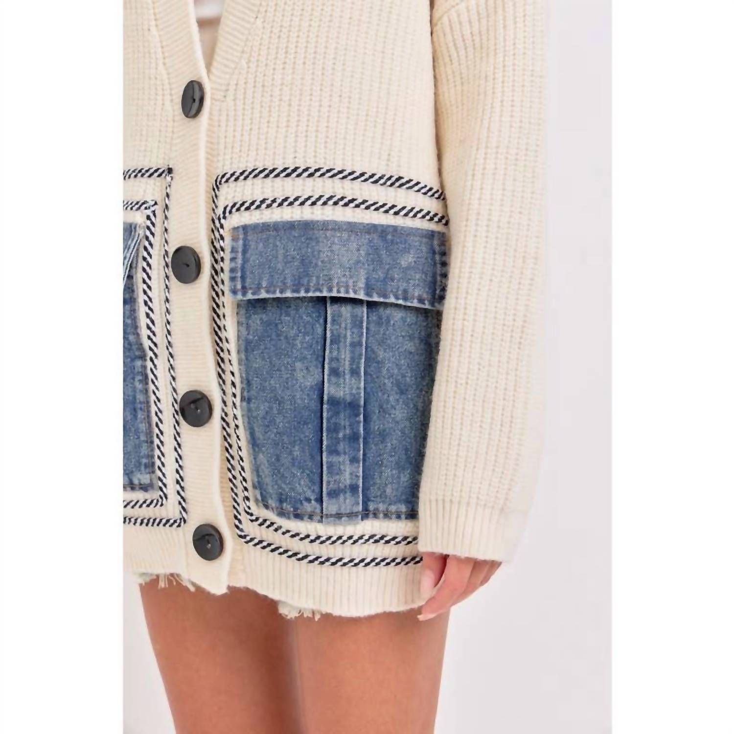 Bns - Knit Sweater Cardigan With Denim Pockets