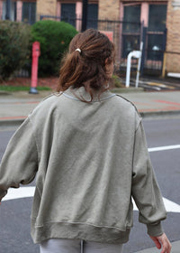 BUCKETLIST Vintage Wash Print Mockneck Lightweight Sweatshirt in olive - women's top - detail view