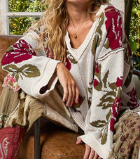 Pol - Long Sleeve Contrast Floral Sweater Top