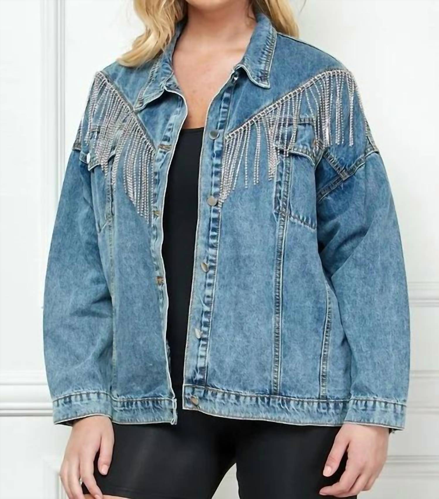 Veveret - Rhinestone Fringe Denim Jacket