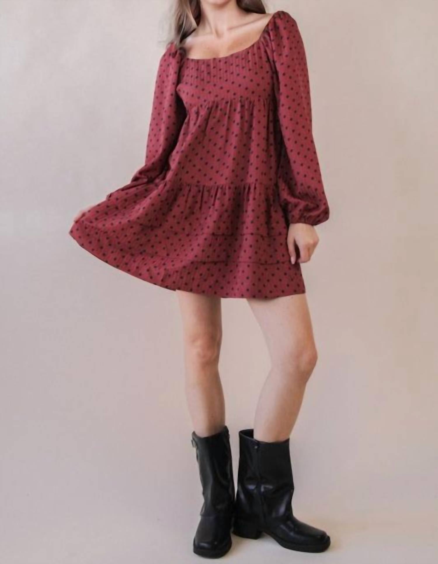 VERY J Polka Dot Print Tiered Mini Dress in brick - women's dress