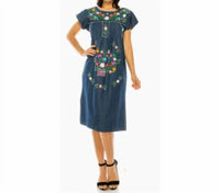 Unik - Colorful Floral Embroidered Chambray Midi Dress