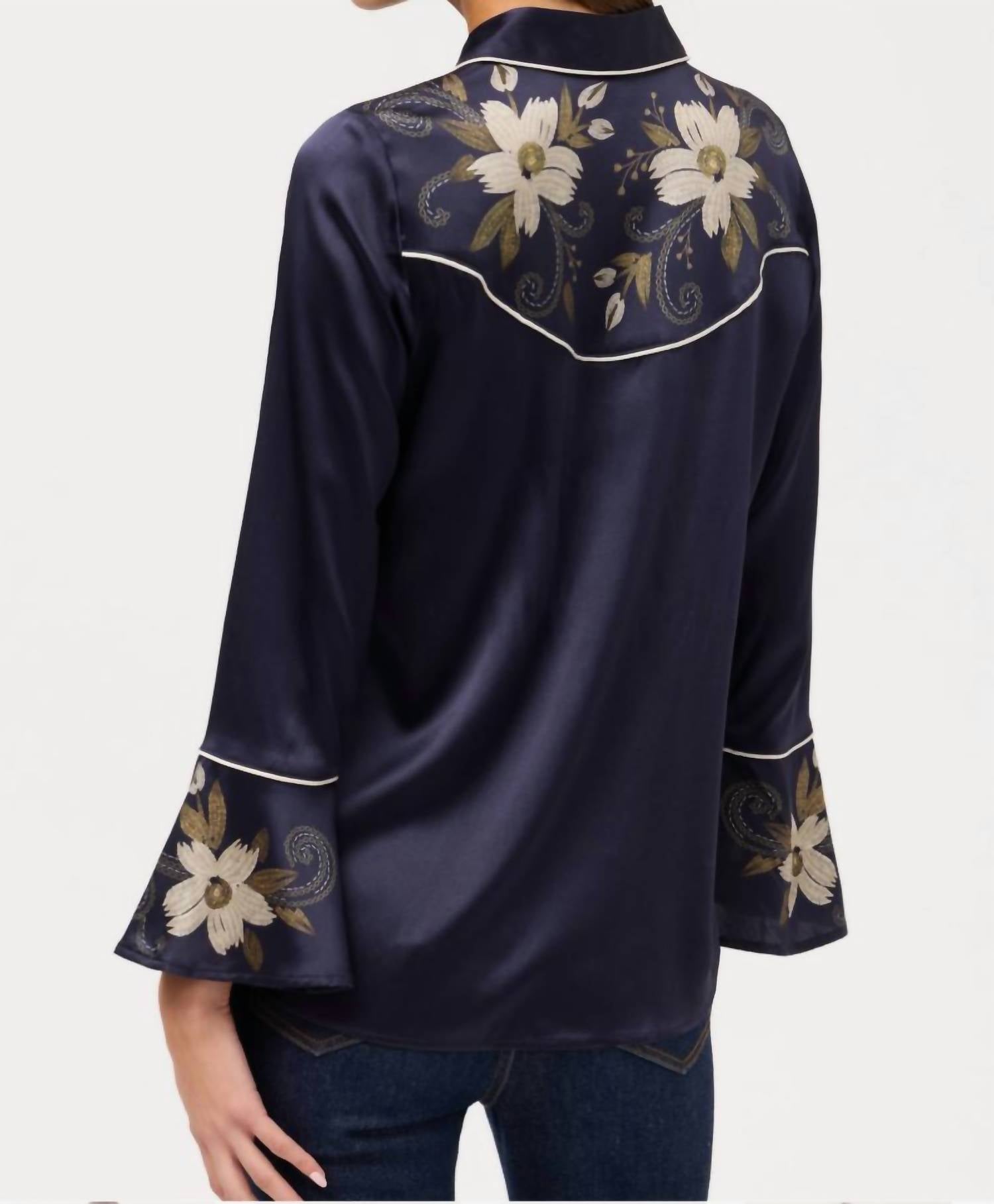 Johnny Was Women's Western Flutter Sleeve Blouse in navy - women's shirt - detail view