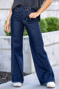 Judy Blue - Women's High Waist Tummy Control Retro Wide Leg Dark Denim Jean