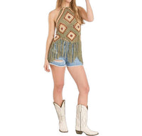 Rock & Roll Denim Crochet Halter Top With Fringe in jade - women's tank top - alternate view