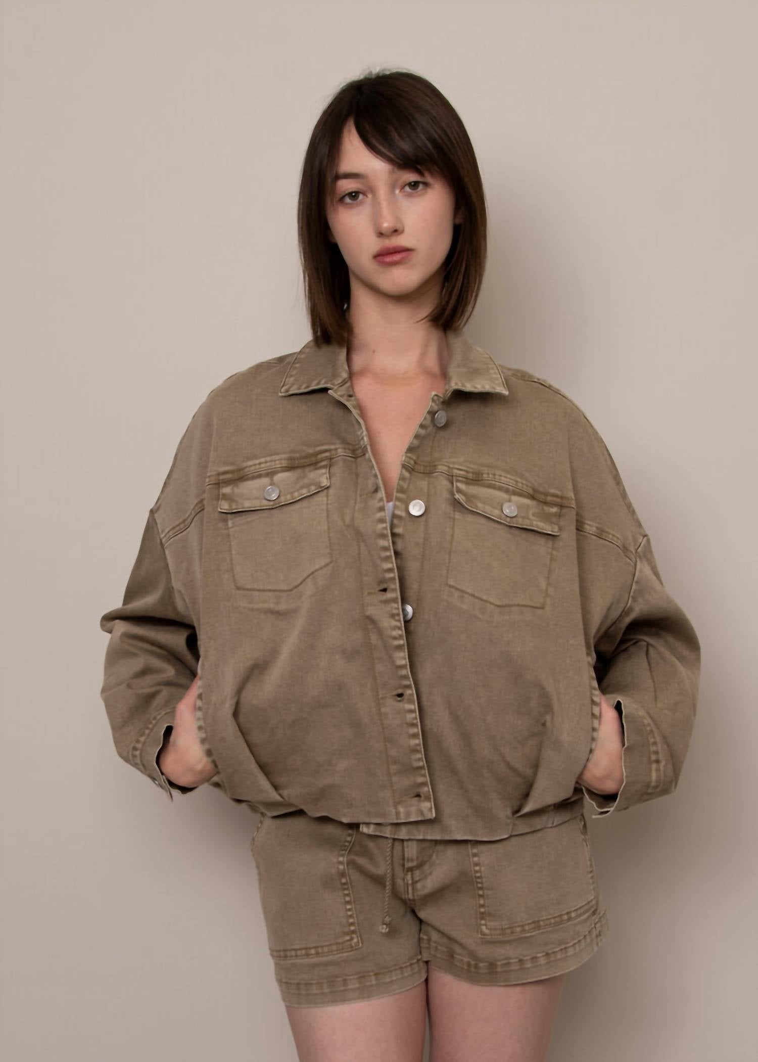 Rd Style - Rumi Stretch Twill Long Sleeve Button Up Bubble Jacket