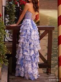 Sherri Hill Tiered Skirt High Slit Prom Dress in ivory blue print - women's dress - alternate view