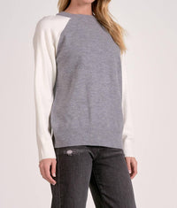 ELAN Long Sleeve Crewneck Sweater in grey white color block - women's sweater - alternate view