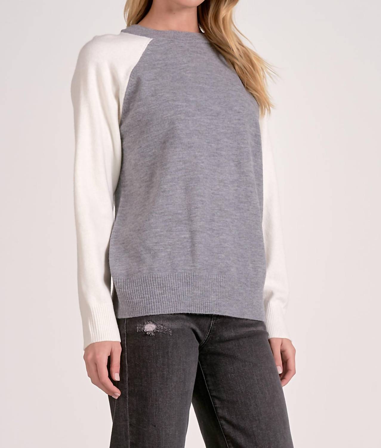 ELAN Long Sleeve Crewneck Sweater in grey white color block - women's sweater - alternate view