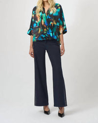 Joseph Ribkoff - Abstract Print V-neck Satin Top