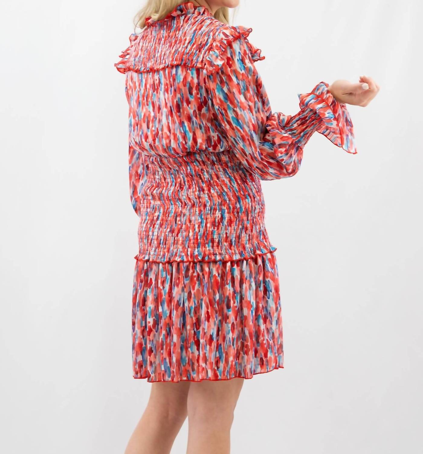 Mulla Smocked Ruffle Mini Dress in multi color abstract - women's dress - alternate view