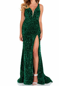 Amarra - Fitted Velvet Sequin Gown With Plunging Neckline