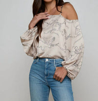 L'Agence Asami One Shoulder Blouse in soft macadamia multi small horsebit chain - women's blouse - detail view
