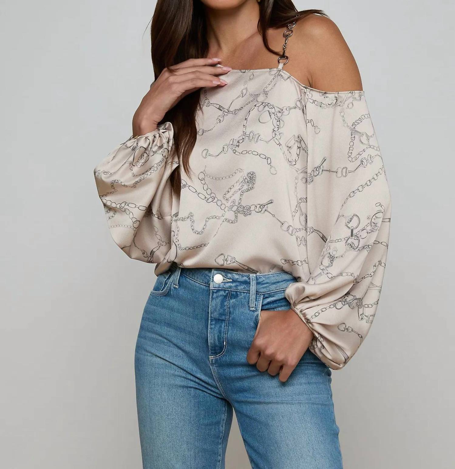 L'Agence Asami One Shoulder Blouse in soft macadamia multi small horsebit chain - women's blouse - detail view