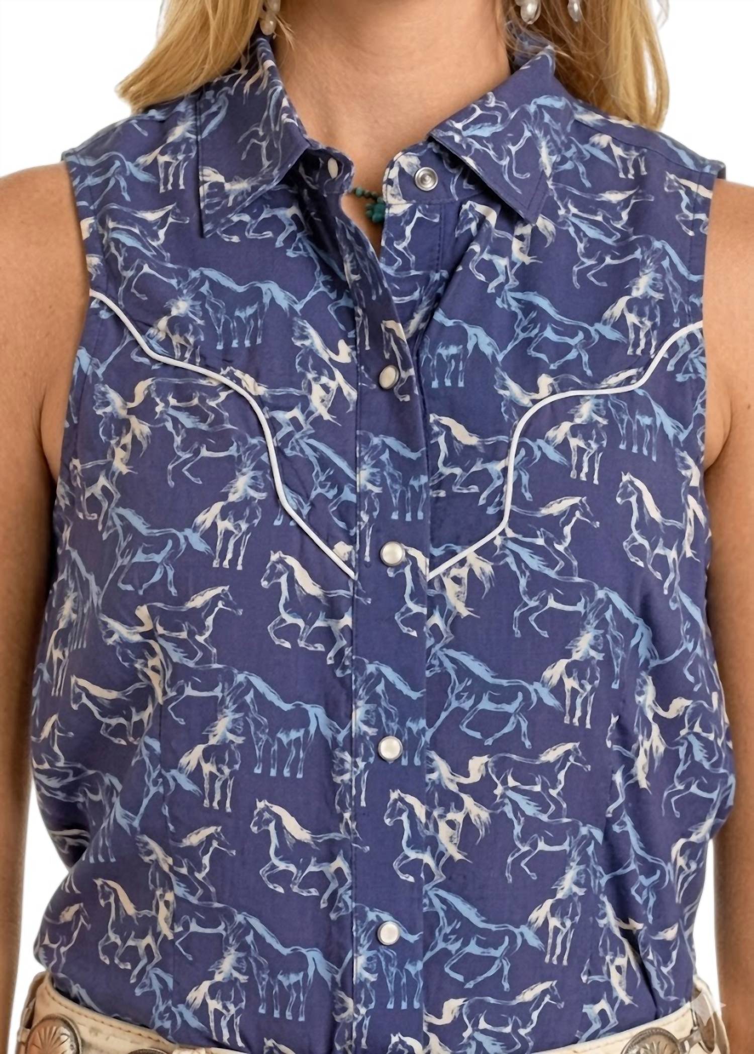 Rock & Roll Denim Sleeveless Horse Print Snap Front Blouse in blue - women's blouse - detail view