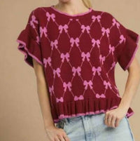 umgee Women's Bow Knit Ruffle Sleeve Sweater in red - women's sweater