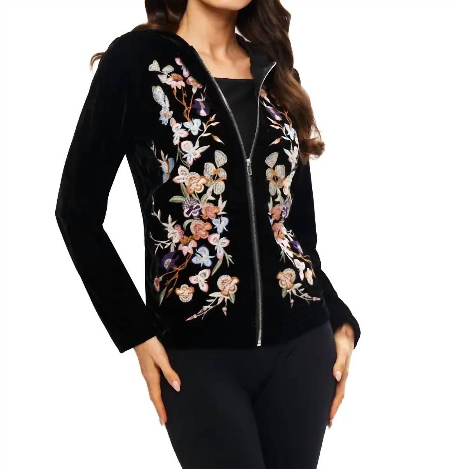 Adore Embroidered Velvet Zip Up Hoodie in black - women's top